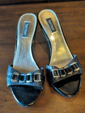 White House Black Market Black Patent Slide Mules with Chain Detail